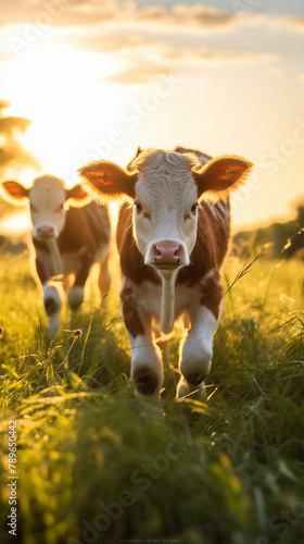 Young Nelore calves playing in a field, their early development and growth captured in a vibrant, natural setting