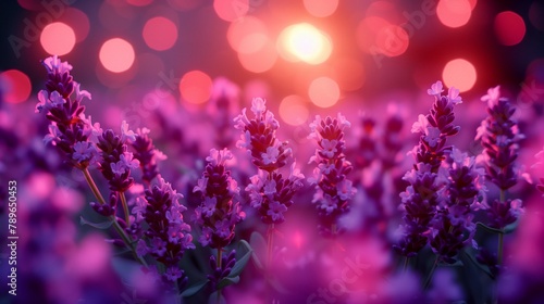 Purple flowers bloom at sunset over a field of grass