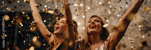 Two women in the image are joyfully celebrating, throwing colorful confetti and holding streamers, expressing their happiness and excitement photo