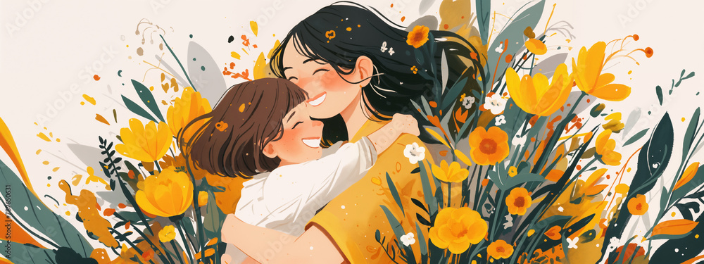 Mother and her Daughter In Summer Flowers, Serene Field Landscape, Illustration, Background, Poster, Banner, Greeting Card for Mother's Day, Birthday, Family Values Concept with Copy Space Mother and her Daughter In Summer Flowers, Serene Field Landscape, Illustration, Background, Poster, Banner, Greeting Card for Mother's Day, Birthday, Family Values Concept with Copy Space