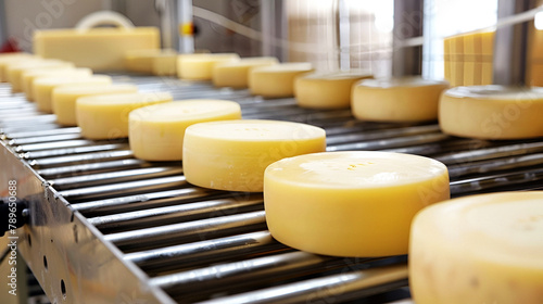 Cheese heads on a conveyor belt in the production of a cheese factory