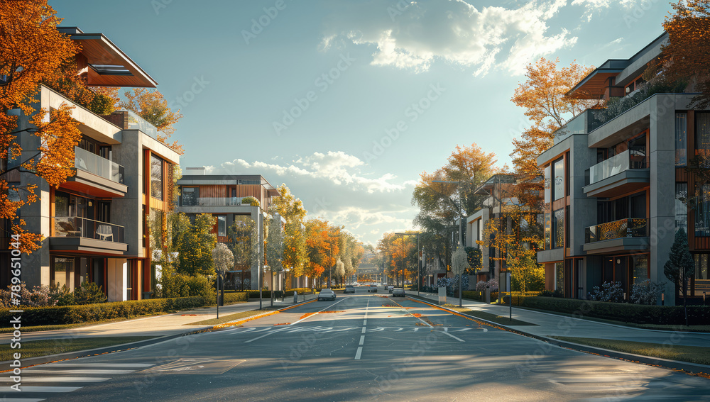 Modern townhouses, road in the center of view, street trees on both sides, sunny day. Created with Ai