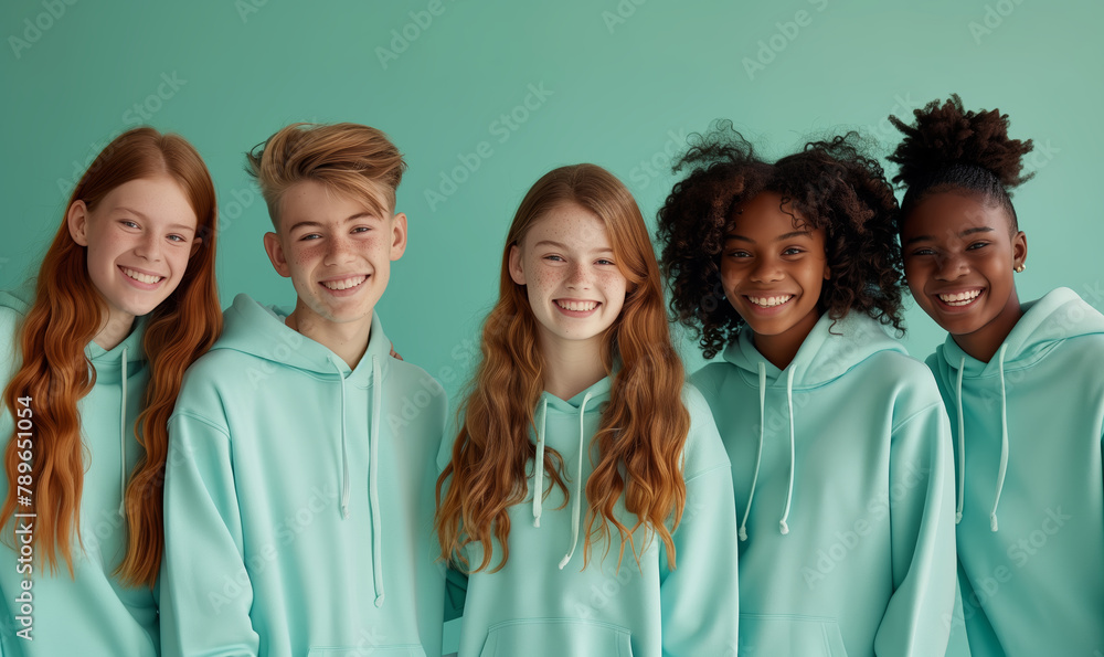 Group of interracial happy teenage school boys and girls in monotone sweatshirts on mint background