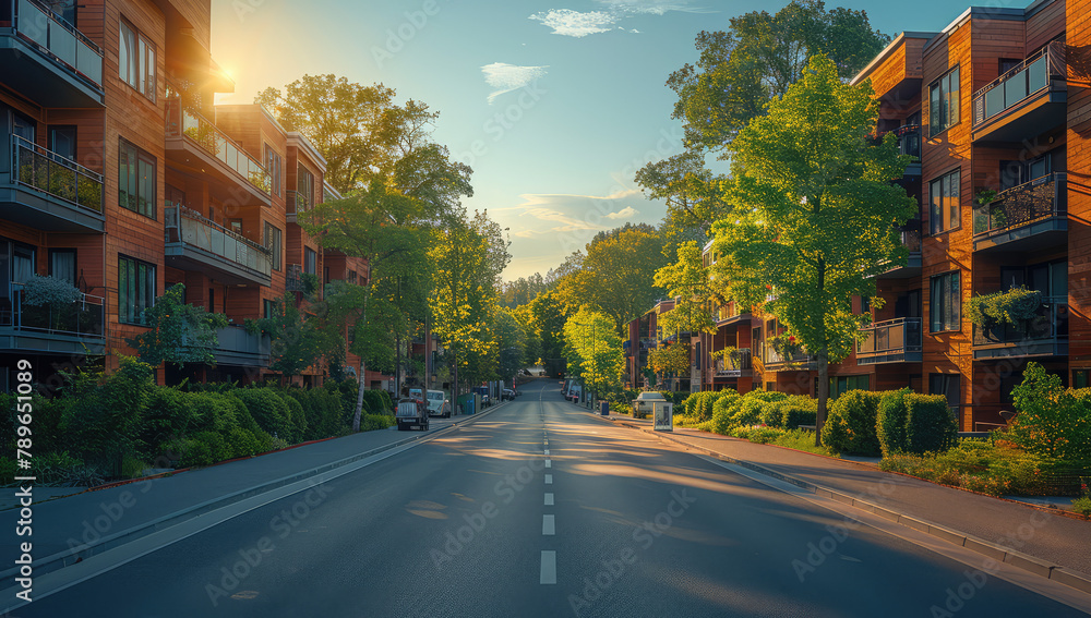 Modern residential street with small luxury houses, octane render, sunny day, autumn trees. Created with Ai