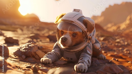 Puppy exploring venus in a spacesuit photo