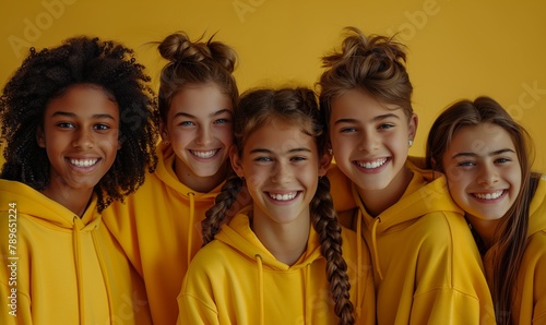 Group of happy interracial teenage schoolboys and girls in yellow monotonous mock-up sweatshirts on yellow background photo