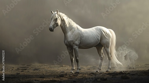 A beautiful white horse stands in the middle of a foggy field. The horse is muscular and well-groomed  with a long  flowing mane and tail.