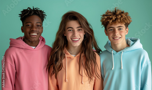 Group of interracial teenage schoolboys and girls in colorful sweatshirts on blue background photo
