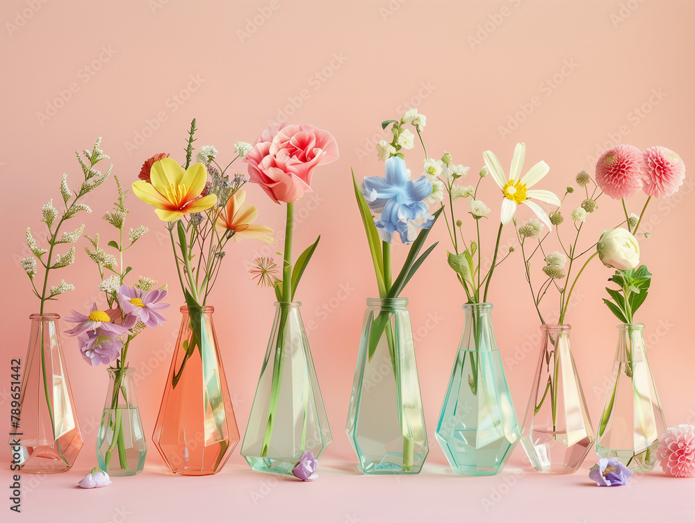 A row of vases with flowers in them, some of which are pink and some are yellow