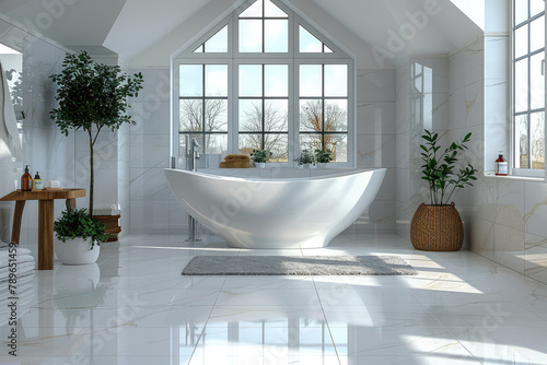  Modern bathroom with a freestanding bathtub  white ceramic tiles and skylight windows. Scandinavian style interior design of a modern home bathroom with a wooden vanity cabinet. Created with Ai