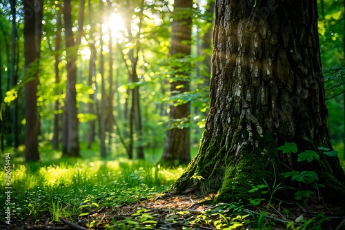 Nature s Tapestry_Majestic Tree Trunk in Forest Bathed in Sunlight. Discover the awe-inspiring beauty of a tree trunk in the forest, embraced by the warm outdoor sunlight, creating a 