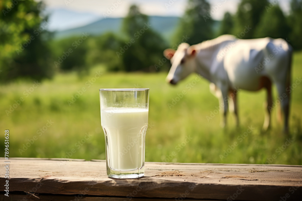 Fresh cow milk in glass on wooden tabletop and blurred landscape with cow on meadow. Healthy eating. Space for design. International Milk Day. Fresh cow milk in glass on wooden tabletop and blurred landscape with cow on meadow. Healthy eating. Space for design. International Milk Day.
