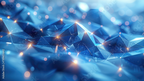 3d rendering of blue diamonds in an abstract background with light effects and digital connections. Created with Ai