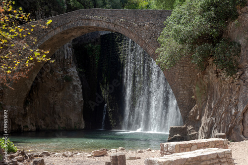 Stone arch bridge of Paleokaria and waterfall  Trikala  Greece 