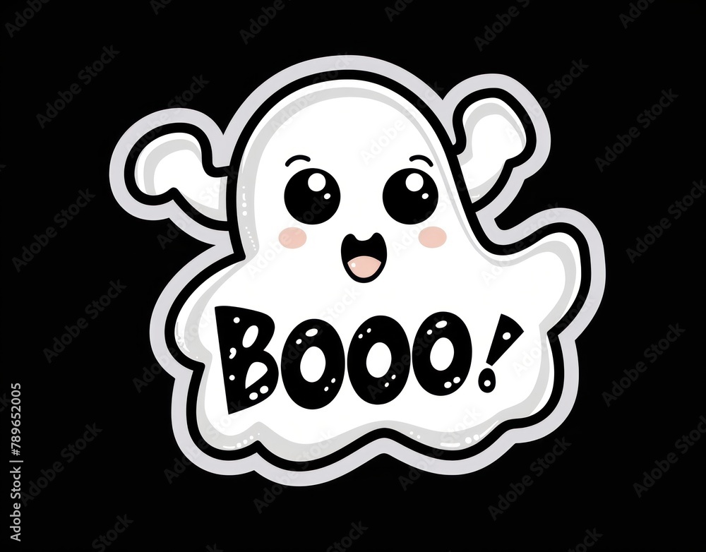 sticker of a ghost with text boo on black background - obrazy, fototapety, plakaty 