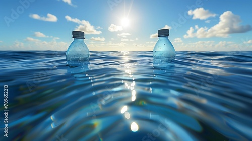 Two azure bottles of aqua floating in the blue ocean photo