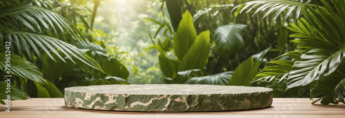 Natural stone podium in Natural green jungle background for Empty show for packaging product presentation Background with sunlight and bokeh for cosmetic products, perfume jewellery, mock up, backdrop