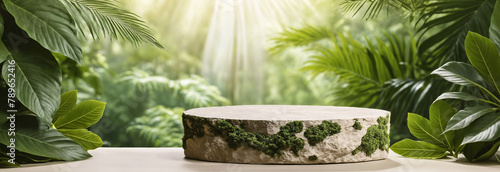 Natural mossy stone podium in Natural green jungle background for Empty show for packaging product presentation Background for cosmetic products, perfume jewellery, mock up, backdrop, banner, ad