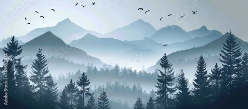 illustration of mountain landscape with forest and flying birds under cloudy sky with dawn. AI generated illustration