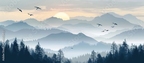 illustration of mountain landscape with forest and flying birds under cloudy sky with dawn. AI generated illustration