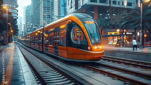 Modern urban streetcar in a futuristic city. Sustainable urban transport image