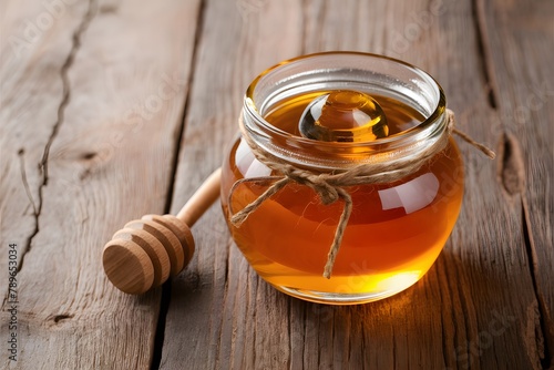 Jar with fresh honey A glass jar filled with fresh, golden honey