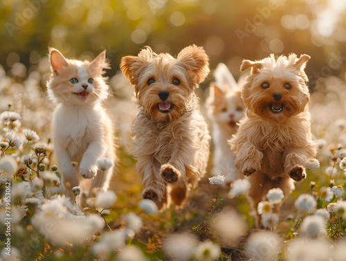 Playful puppies and kitten running outdoors in sunlight. Pet friendship and joy concept. Design for poster, pet care banner. Close-up action shot with backlight, Cute funny dog and cat group jumps