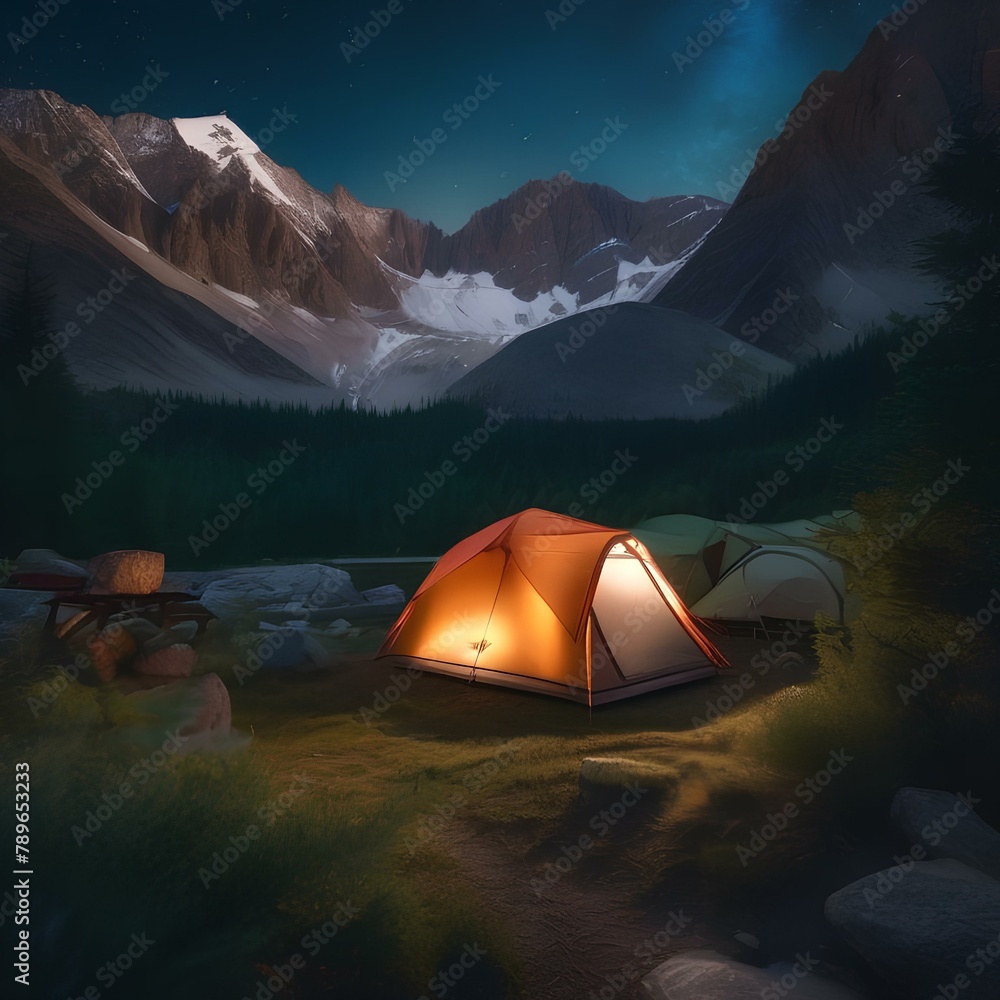 A peaceful campsite in the mountains under a starry sky1