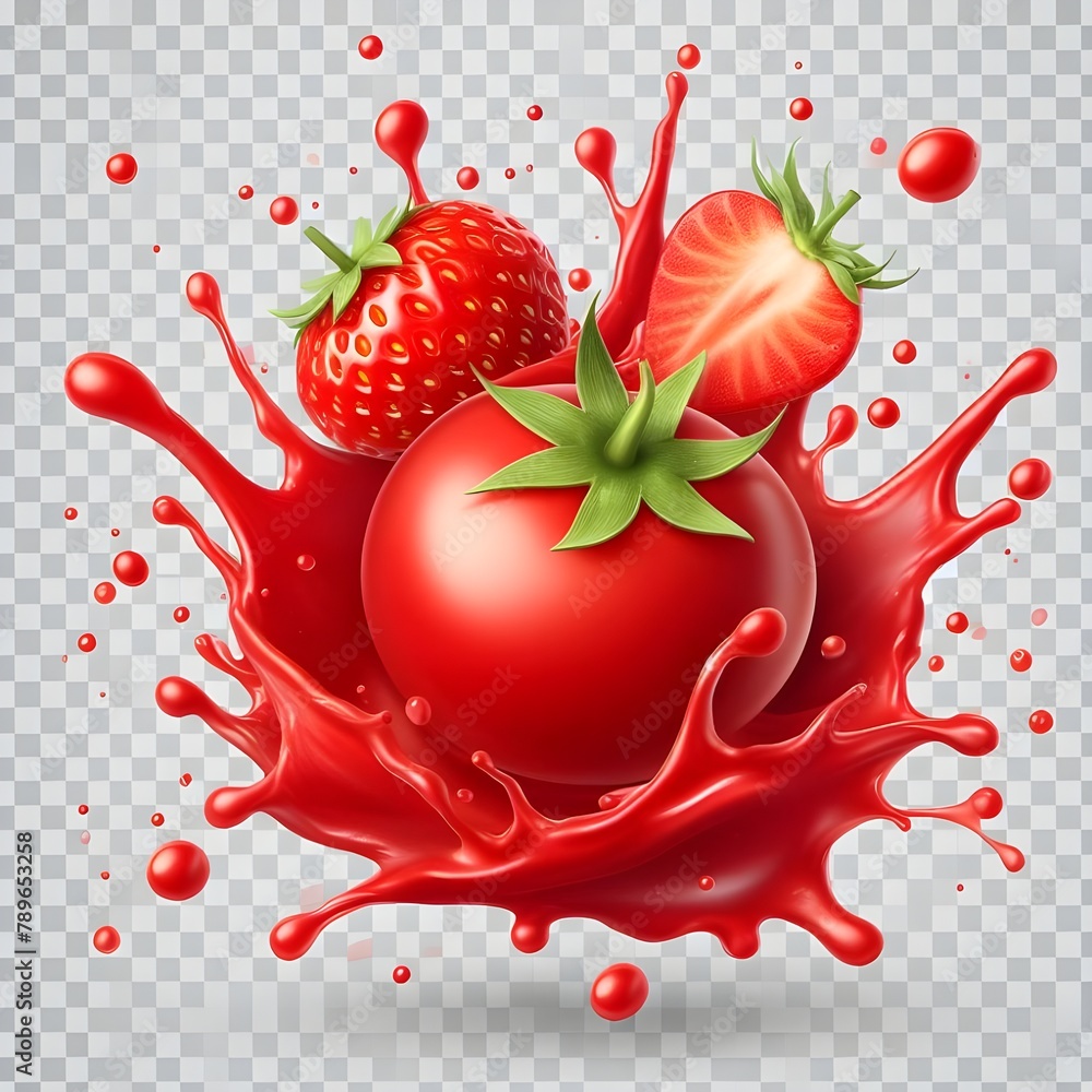 TOMATO AND strawberry falling into milk splash TOMATO AND strawberry falling into milk splash