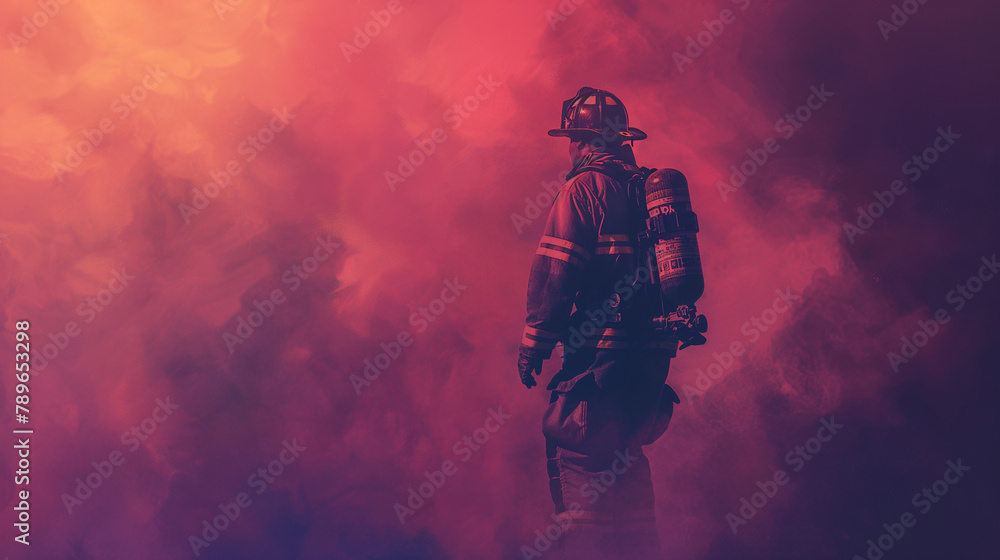 Fototapeta premium firefighter standing among heavy smoke