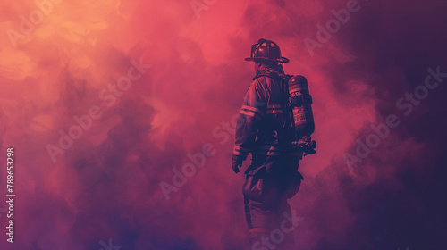 firefighter standing among heavy smoke