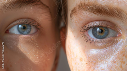 Vision, blue eyes and portrait of women with optometry for closeup of optical care and eyesight. Pupils, twins and face of female people with natural iris color for contact lens for optical awareness