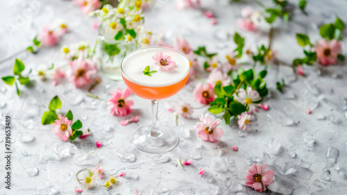 A cocktail in a coupe glass on a table adorned with pink flowers. The elegant stemware complements the drink, adding a touch of sophistication to the setting