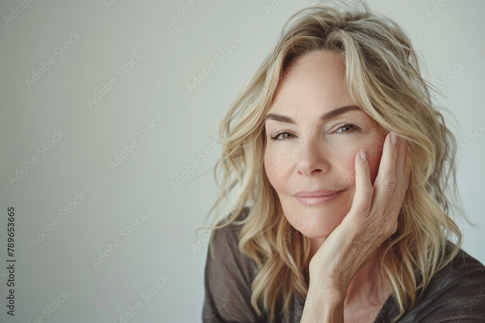Fototapeta premium A pretty woman in her forties poses confidently, radiating elegance and style in her portrait.