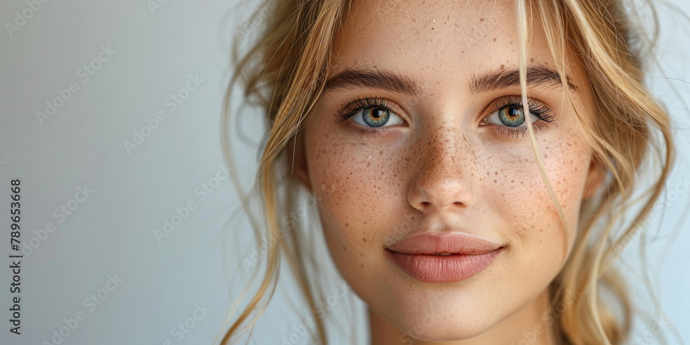 A pretty young woman with freckles, showcasing perfect skincare and sensual lips in close-up portrait. A pretty young woman with freckles, showcasing perfect skincare and sensual lips in close-up portrait.