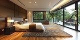 Stylish bedroom interior with a comfortable bed, modern lamp, elegant wood accents and luxurious design.