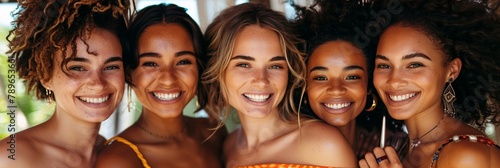 A group of beautiful women, friends, smiling with happiness and joy, gathered together enjoying their vacation.