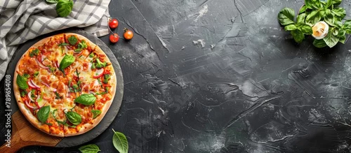 Panel kuchenny z motywem A stone tabletop is depicted with a pizza cutting board and a fabric napkin laid out, representing a food recipe concept. The background texture on the wall or table provides space for copy.