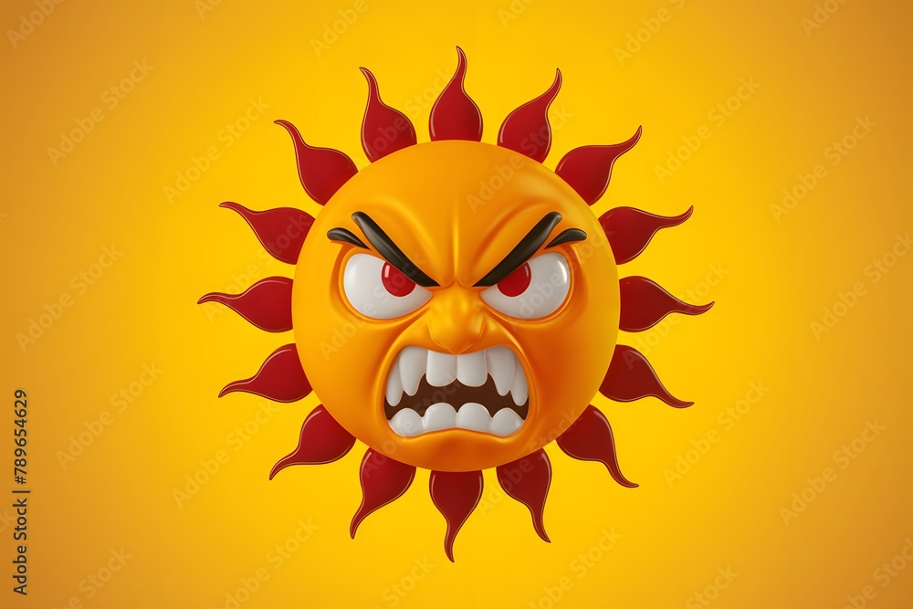 View 3D angry sun with yellow background Expressive 3D depiction of an angry sun on yellow background