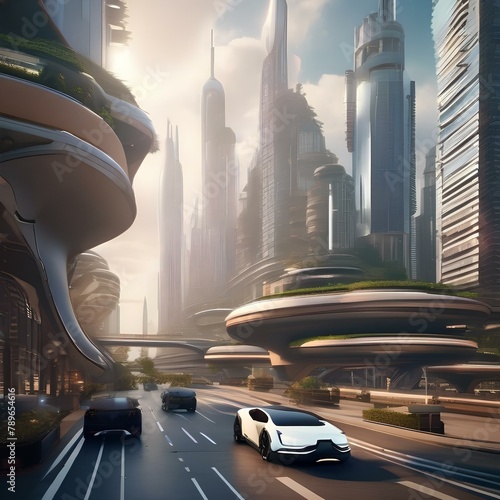 A futuristic cityscape with flying cars and skyscrapers4 photo