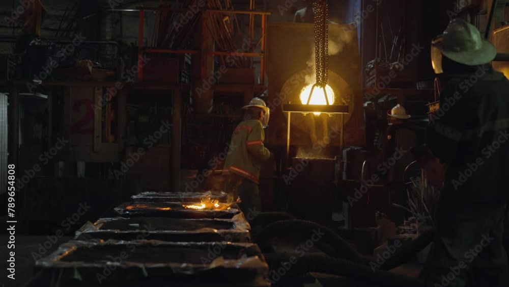 Dynamic industrial foundry scene showcasing the pouring of glowing molten metal, with focused workers in protective safety gear amidst showers of sparks Dynamic industrial foundry scene showcasing the pouring of glowing molten metal, with focused workers in protective safety gear amidst showers of sparks