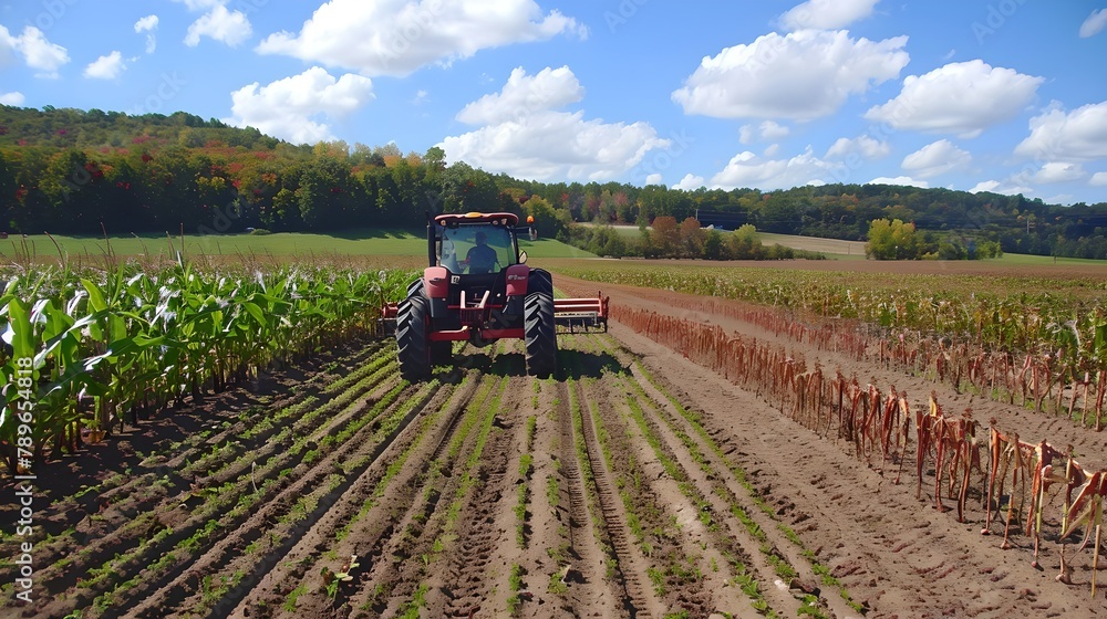 Obraz premium Red Tractor Tilling Soil in a Field on a Sunny Day, Rural Farming Scene Capturing Agriculture and Nature. AI