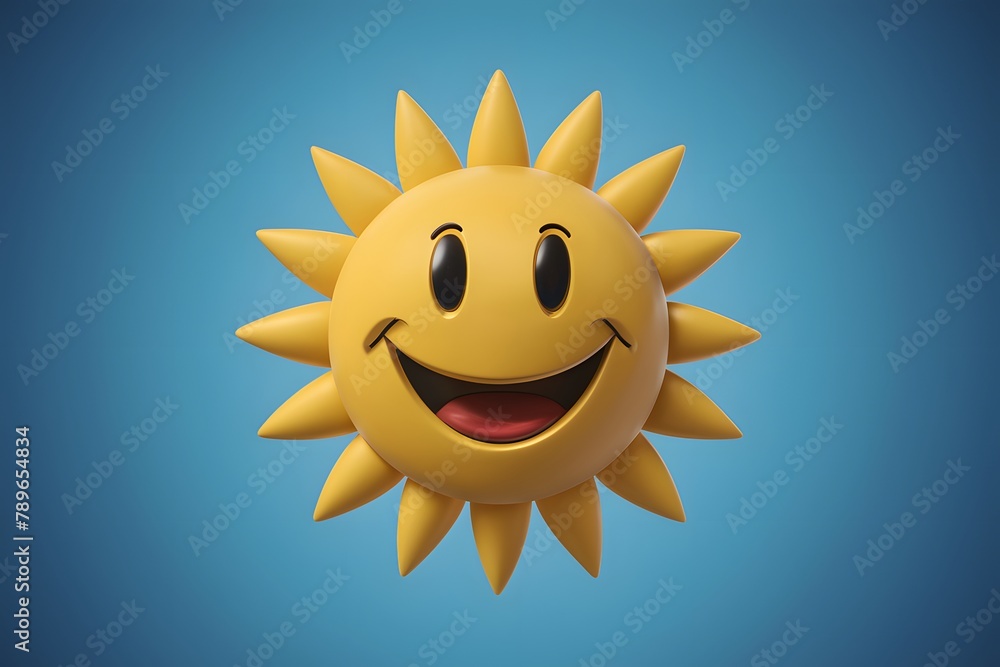 View 3D smiley happy sun with blue background Bright 3D smiley sun character against a cheerful blue backdrop