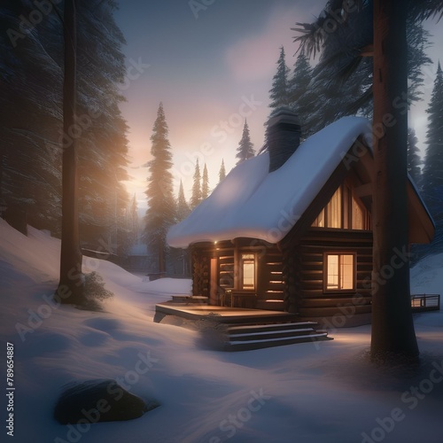 A cozy cabin in the woods surrounded by snow4 photo