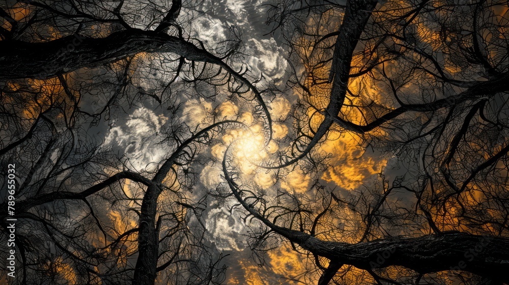Cloudy sky visible through the crowns of bare trees. The clouds are gray and orange, and the tree branches create a network of intertwining shapes. Cloudy sky visible through the crowns of bare trees. The clouds are gray and orange, and the tree branches create a network of intertwining shapes.
