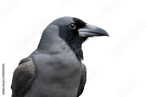 Side view carrion crow Corvus corone isolated white Profile view of a carrion crow on a blank white background