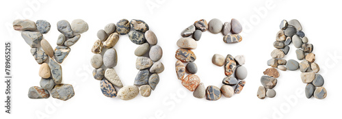 Yoga Text Made of Stones Isolated on White Background