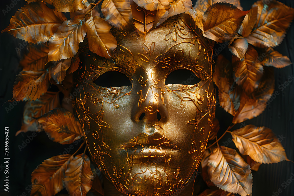 A golden mask with leaves on a black background, suitable for costume parties, festivals, and celebrations.