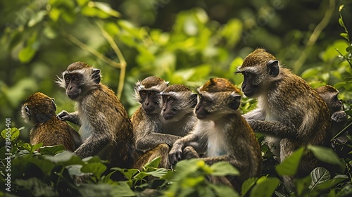 A Troop of Vervet Monkeys Grooming and Interacting, Displaying Complex Social Behaviors in Their Natural Habitat photo