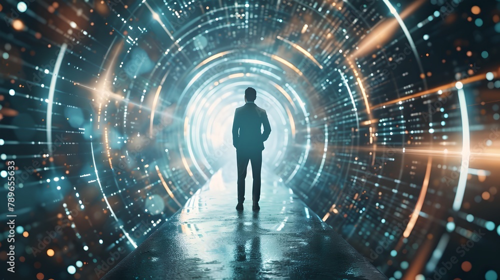 Man standing at the entrance of a futuristic tunnel. Mysterious sci-fi scene. Conceptual image of exploration and technology. Ideal for modern backgrounds. AI Man standing at the entrance of a futuristic tunnel. Mysterious sci-fi scene. Conceptual image of exploration and technology. Ideal for modern backgrounds. AI